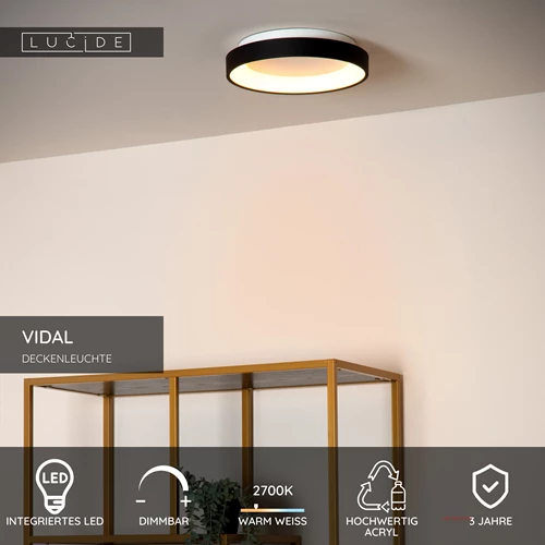 Lucide VIDAL - Deckenleuchte - Ø 28 cm - LED Dim. - 1x20W 2700K - Schwarz - USP